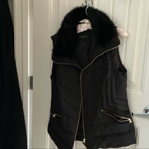 Talbots Black Quilted Vest with Faux Fur Collar